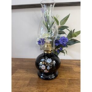 Vintage Black Glass Floral Oil Lamp Lamplight Farms Hurricane Lamp Decor Cottage